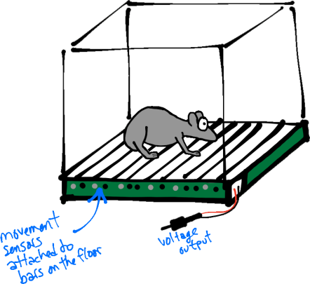 a startle chamber. Sensors connected to the floor bars detect movement and output voltage. Typically, footshocks (see below) can also delivered to the floor bars, although the mechanism for doing so is not depicted here.