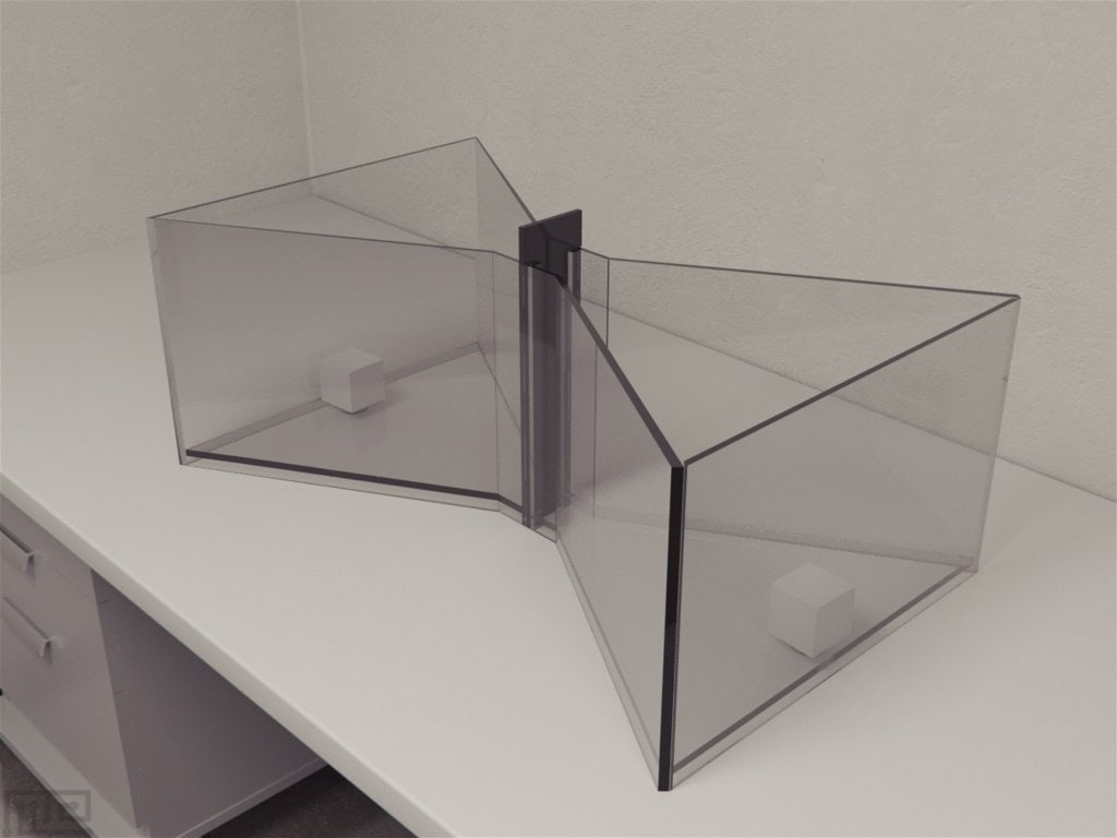 The apparatus is a bowtie-shaped maze with a middle sliding door that guides back and forth movement into opposing sides