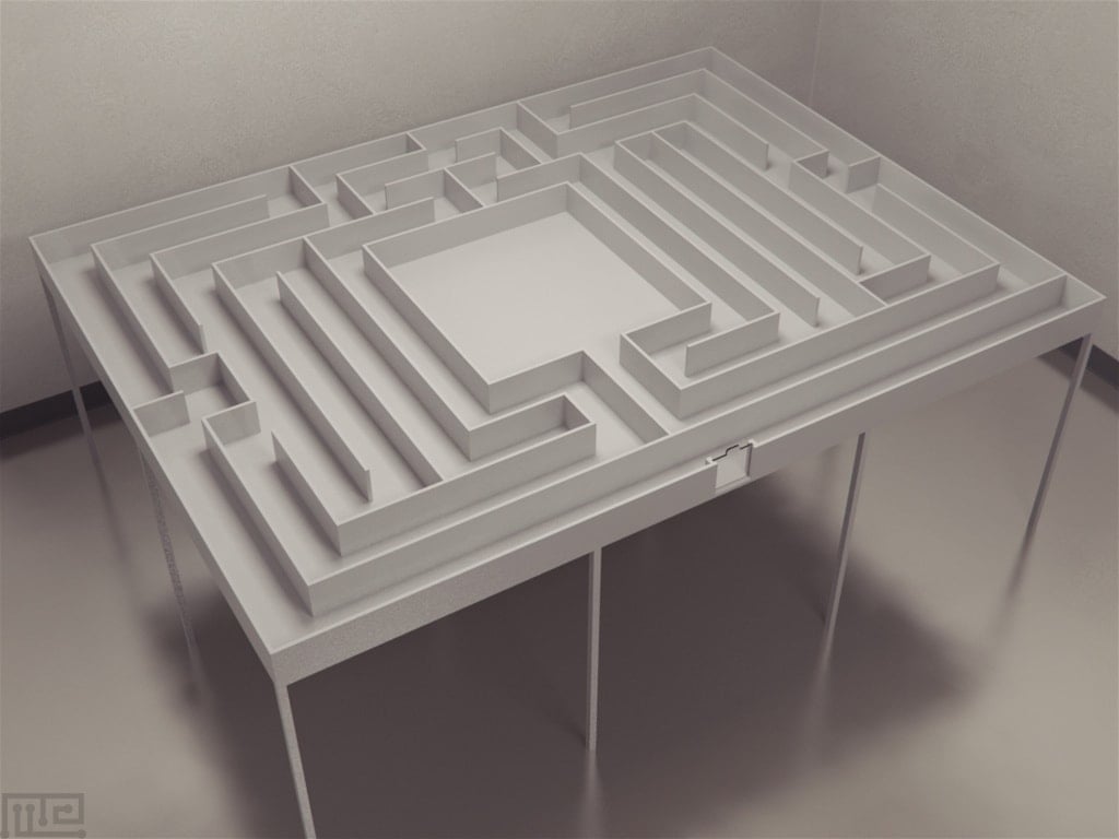 Hampton Court maze for rodents is a miniature model of the Hampton Court maze hedges in England but corrected to a rectangular form